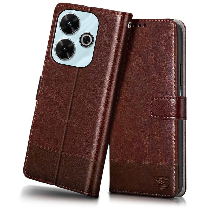 FLIPPED Vegan Leather Flip Case Back Cover for Mi Redmi 13 5G | Poco M6 Plus 5G (Flexible, Shock Proof | Hand Stitched Leather Finish | Card Pockets Wallet & Stand | Tan with Brown) - Image 1