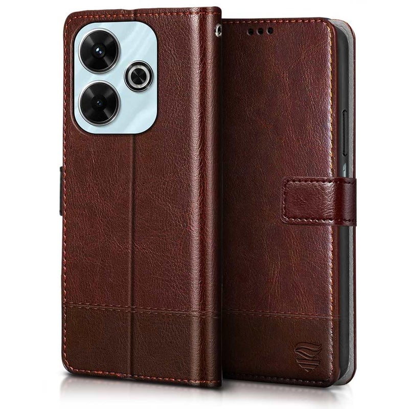 FLIPPED Vegan Leather Flip Case Back Cover for Mi Redmi 13 5G | Poco M6 Plus 5G (Flexible, Shock Proof | Hand Stitched Leather Finish | Card Pockets Wallet & Stand | Tan with Brown) - Image 3