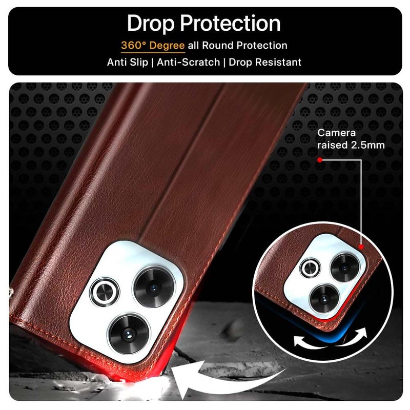 FLIPPED Vegan Leather Flip Case Back Cover for Mi Redmi 13 5G | Poco M6 Plus 5G (Flexible, Shock Proof | Hand Stitched Leather Finish | Card Pockets Wallet & Stand | Tan with Brown) - Image 5