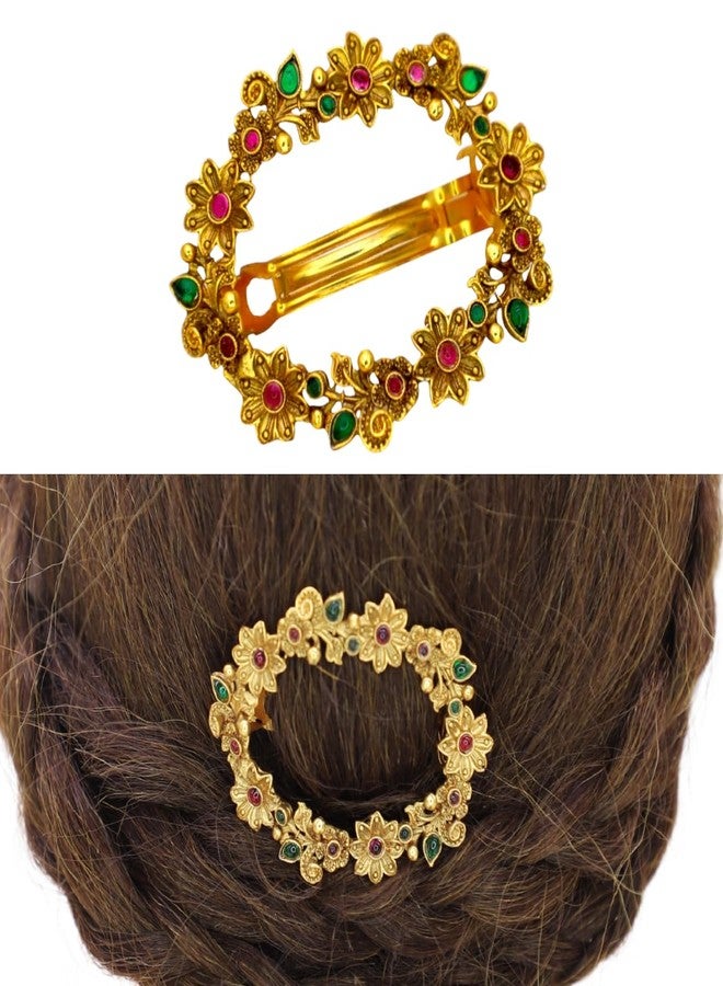 JWELLA Traditional Temple Design Gold-Plated Hair Barrette Clip (Round Shape Design) (Design 8) - Image 4