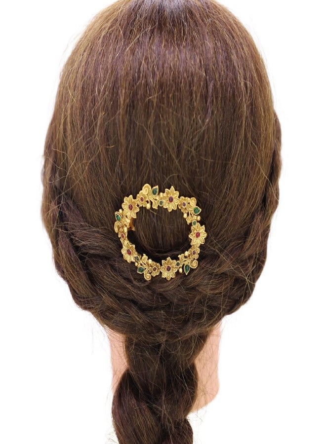 JWELLA Traditional Temple Design Gold-Plated Hair Barrette Clip (Round Shape Design) (Design 8) - Image 3