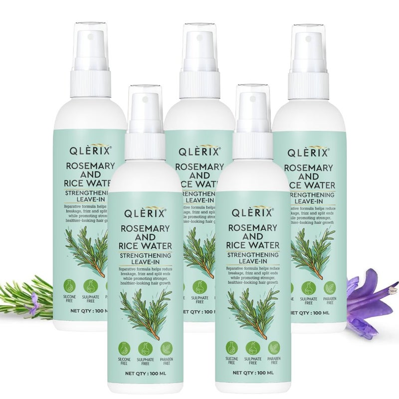 QLERIX Rosemary and Rice Water Spray for Hair Growth Hairfall Control Hair Thickness Hair Strengthening Hair Shine Leavein Spray Natural Ingredients 100ml For Men Women All Hair Types Pack of 5 Rosemary - Image 1