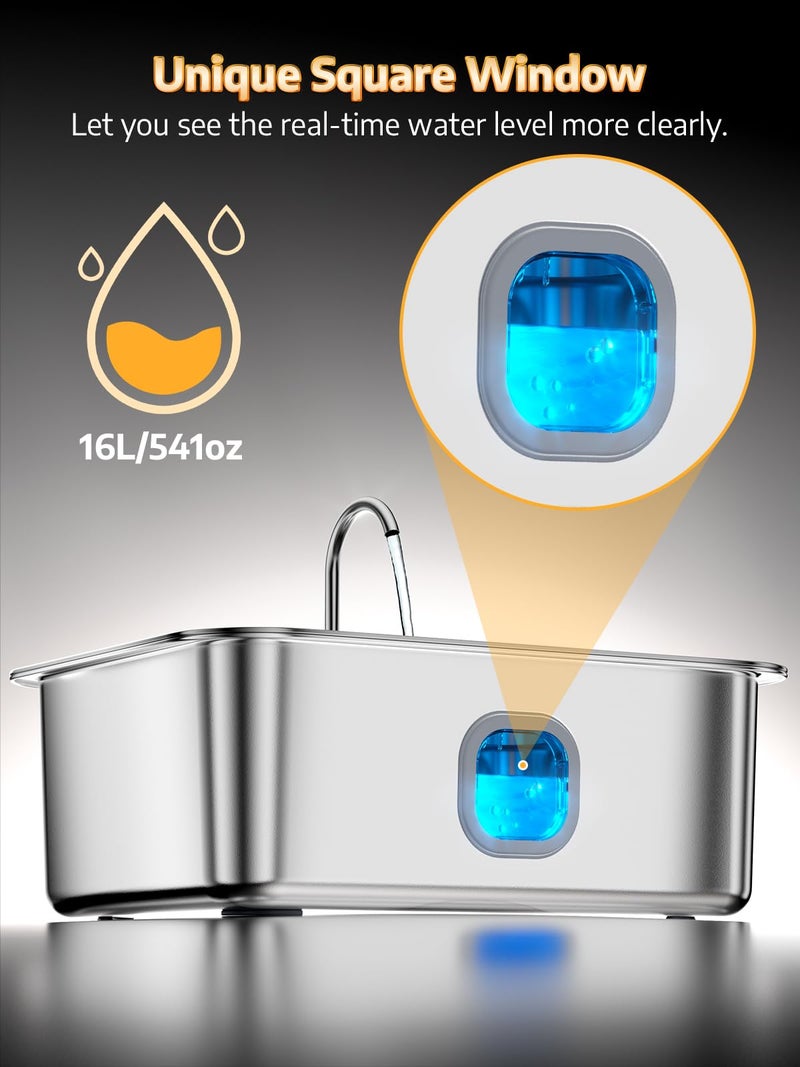 MAILOFY 4.2Gal Dog Water Fountain for Large Dogs, 16L Stainless Steel Large Dog Fountain Water Bowl with Deeper & Wider Drinking Tray, Automatic Pet Water Dispenser with Visible Window for Multi-Pets Families - Image 3