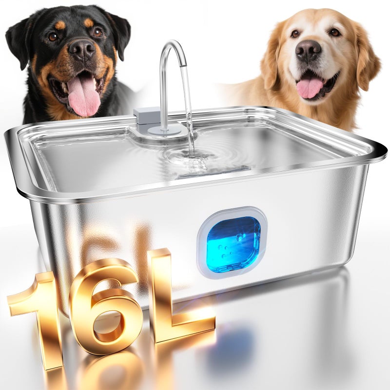 MAILOFY 4.2Gal Dog Water Fountain for Large Dogs, 16L Stainless Steel Large Dog Fountain Water Bowl with Deeper & Wider Drinking Tray, Automatic Pet Water Dispenser with Visible Window for Multi-Pets Families - Image 1