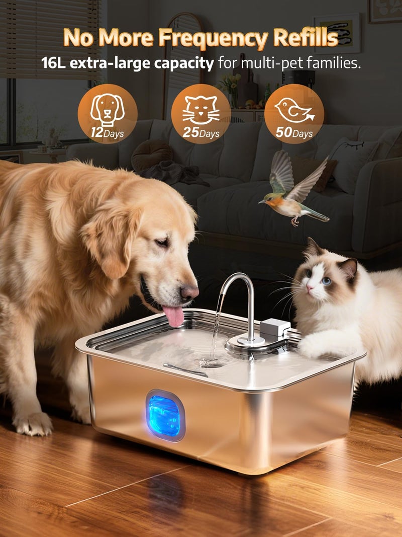 MAILOFY 4.2Gal Dog Water Fountain for Large Dogs, 16L Stainless Steel Large Dog Fountain Water Bowl with Deeper & Wider Drinking Tray, Automatic Pet Water Dispenser with Visible Window for Multi-Pets Families - Image 2