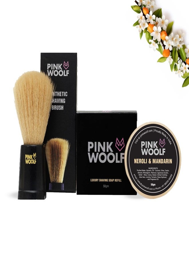 Pink Woolf Velvet Soft Bristle Shaving Brush & Soap Combo | Neroli & Mandarin 50g (REFILL) | Classic Wet Shaving Kit for A Superior Grooming Experience (Pack of 2) - Image 1