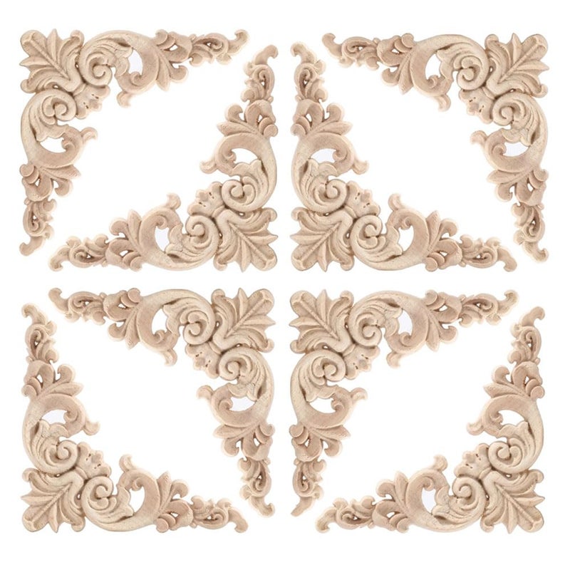 Aiminjey 20 Pcs Decorative Wood Flower Carved Appliques Corner Onlay DIY Unpainted Solid Wooden Carved Corner Decal for Furniture Wardrobe Mirror Photo Frame Closet Decoration (3.1inch - Cloud) - Image 1