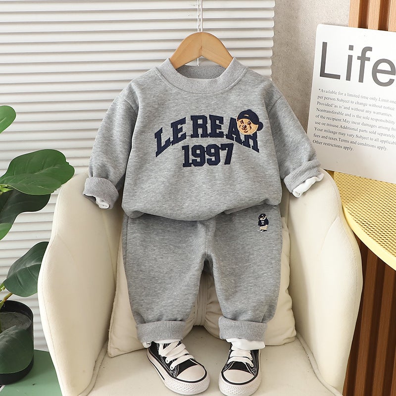 Foreign Trade Boys Hat Bear Head Letter Long Sleeve Two-piece Set Spring and Autumn New Casual Outfit suit Trendy for Middle and Small Children Gray