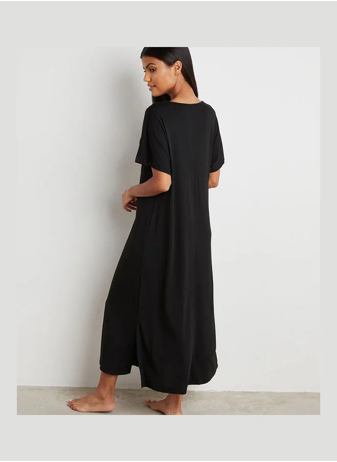 Styli Lace Trim V Neck Nightie with Side Split Hem