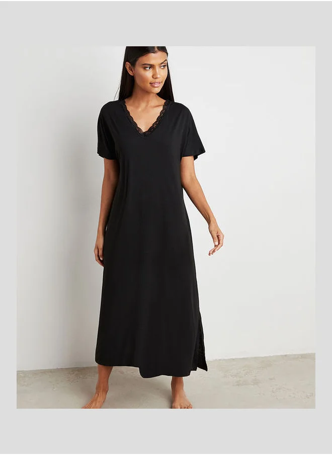 ستايلي Lace Trim V Neck Nightie with Side Split Hem