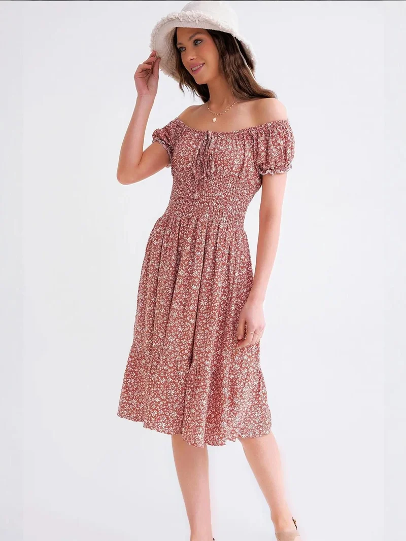 MixRay Carnation Pink Off-Shoulder Floral Smocked Waist Puff Sleeve Midi Dress for Women | Best Price UAE