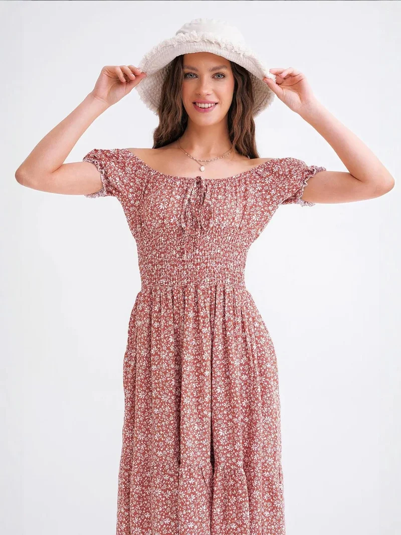 MixRay Carnation Pink Off-Shoulder Floral Smocked Waist Puff Sleeve Midi Dress for Women | Best Price UAE