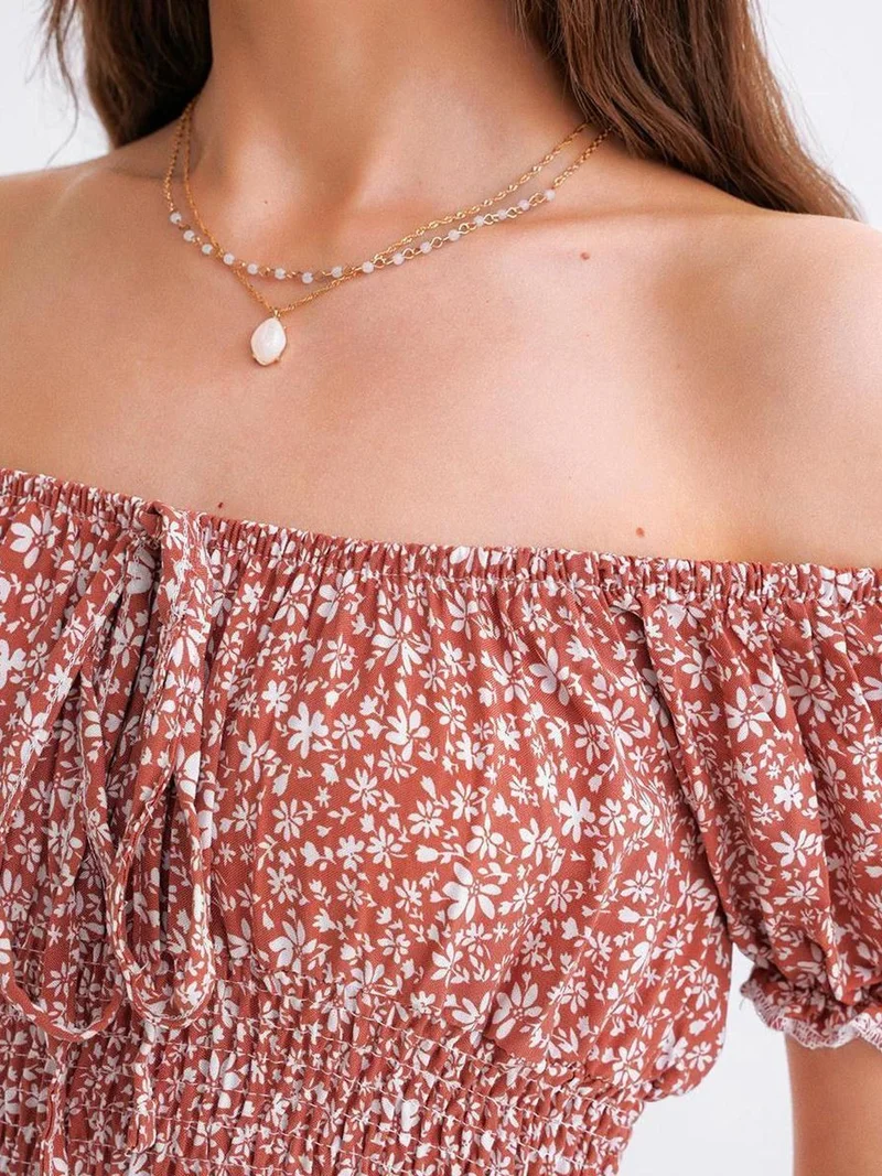 MixRay Carnation Pink Off-Shoulder Floral Smocked Waist Puff Sleeve Midi Dress for Women | Best Price UAE