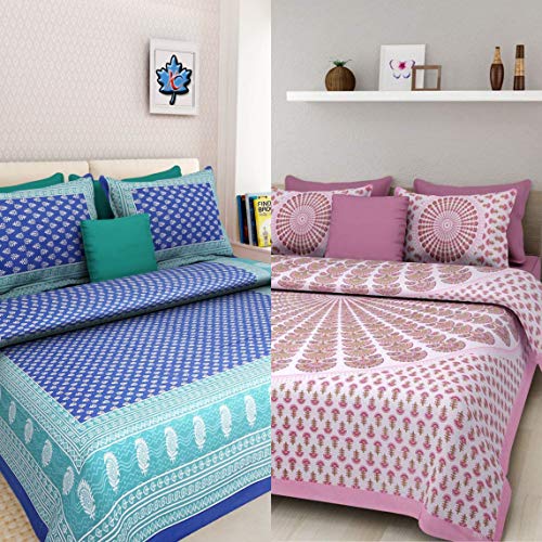 Ealth Kart Cotton Floral Rajasthani Jaipuri King Size Combo Bedsheets Set of 2 Double Bedsheets with 4 Pillow Covers (Multicolour) - Image 1