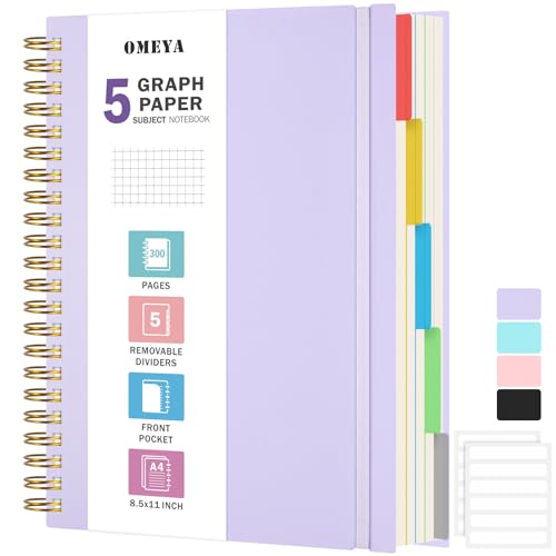 OMEYA Graph Paper Notebook: 5 Subject Graphing Notebook with Removable Dividers, 300 Pages 100gsm Thick Spiral Grid Notebooks, 5x5 Graph Ruled Paper, Large A4 Journal for School Work Women Men, 8.5" X 11" - Image 1