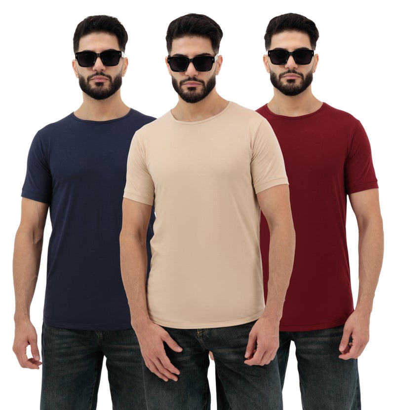 Vasl Hub VaslHub Plain T-Shirts for Men – Cotton Crew Neck Regular Fit – Pack of 3 – Navy, Sandstone and Rosewood - Image 1