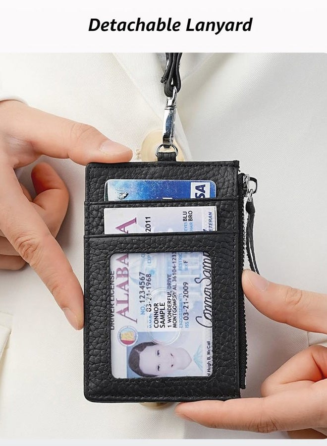 Karmiir Leather ID Case with Lanyard, Minimalist Slim Badge Holder Card Wallet for Women & Men, Fashion ID Case with Clear Window, Zipper Pocket & Retractable Badge Reel（Pink） - Image 4