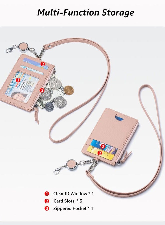 Karmiir Leather ID Case with Lanyard, Minimalist Slim Badge Holder Card Wallet for Women & Men, Fashion ID Case with Clear Window, Zipper Pocket & Retractable Badge Reel（Pink） - Image 2