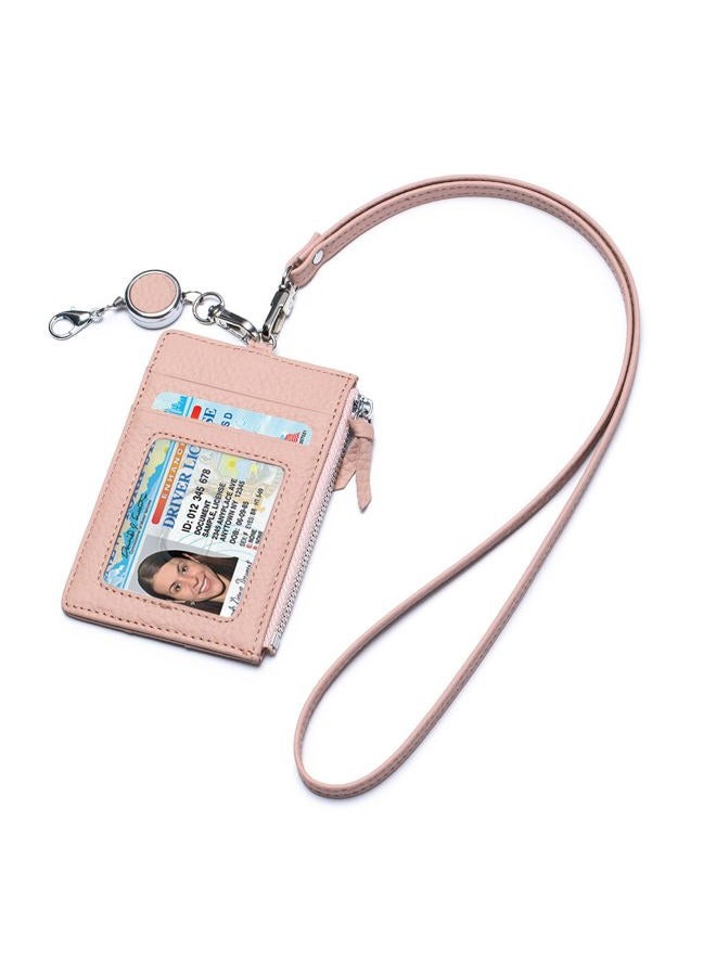 Karmiir Leather ID Case with Lanyard, Minimalist Slim Badge Holder Card Wallet for Women & Men, Fashion ID Case with Clear Window, Zipper Pocket & Retractable Badge Reel（Pink） - Image 1