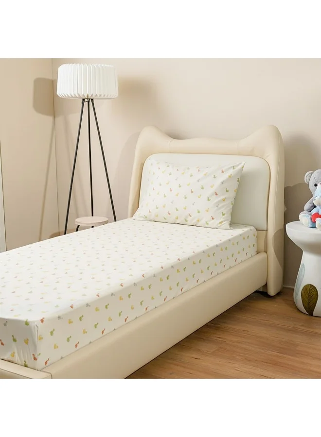 دانوب هوم Dreamz Dino Cotton Digital Printed Fitted Sheet with Pillow Case - 90x200+25 cm, Multi Color Bedding Set For Kids, Soft Fabric, Fun Dinosaur Design