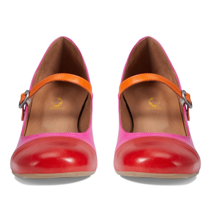 SHODENSE Women Rainbow Pumps Low Chunky Heel Mary Jane Shoes Square Cap Toe Ankle Strap Dress Pumps Orange Mid Block Heel Mary Janes Lolita Shoes Multicolored Office Wedding Party Rainbow Pink 9 - Image 4