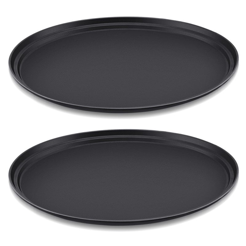 FillTouch 2 Pcs 24 x 29 Inch Restaurant Serving Trays Black PP Plastic Non Slip Rubber Lined Large Oval Tray for Kitchen Dining Room Cafeterias Fast Food Service