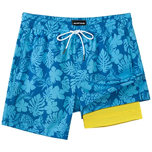 SURF CUZ Mens Swim Trunks with Compression Liner Quick Dry Swim Shorts 7" Swimming Trunks Stretch Zipper Pockets Blue Flower Leaves Large - Image 1