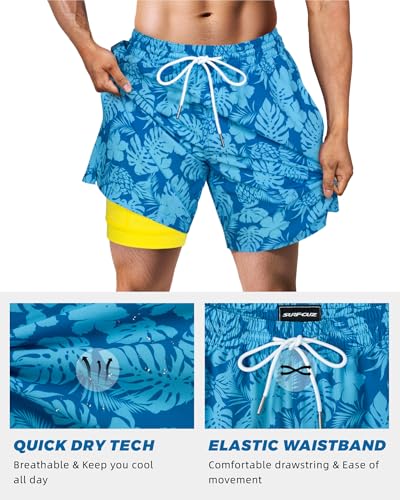SURF CUZ Mens Swim Trunks with Compression Liner Quick Dry Swim Shorts 7" Swimming Trunks Stretch Zipper Pockets Blue Flower Leaves Large - Image 3