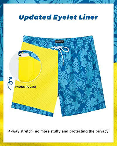 SURF CUZ Mens Swim Trunks with Compression Liner Quick Dry Swim Shorts 7" Swimming Trunks Stretch Zipper Pockets Blue Flower Leaves Large - Image 2