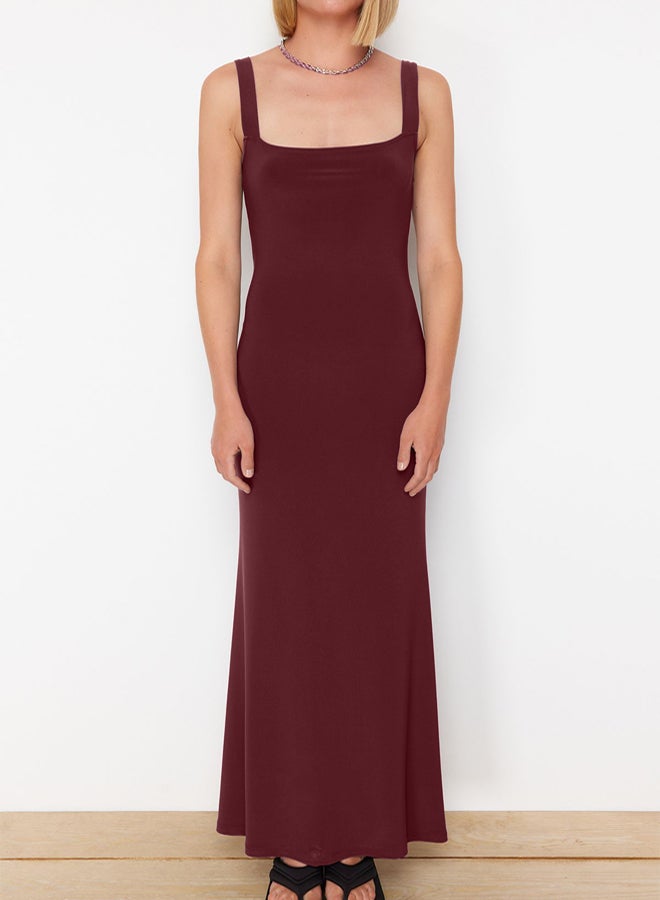 trendyol Claret Red Thick Strap Fitted/Fits Body Flexible Knitted Maxi Pencil Dress - Image 3