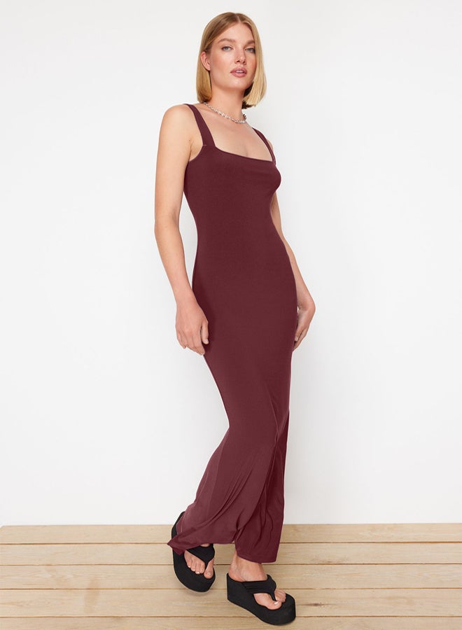 trendyol Claret Red Thick Strap Fitted/Fits Body Flexible Knitted Maxi Pencil Dress - Image 1