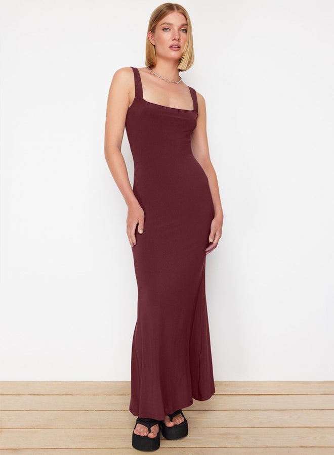 trendyol Claret Red Thick Strap Fitted/Fits Body Flexible Knitted Maxi Pencil Dress - Image 2