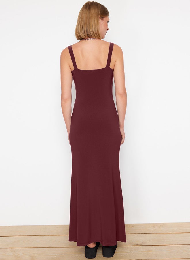trendyol Claret Red Thick Strap Fitted/Fits Body Flexible Knitted Maxi Pencil Dress - Image 5