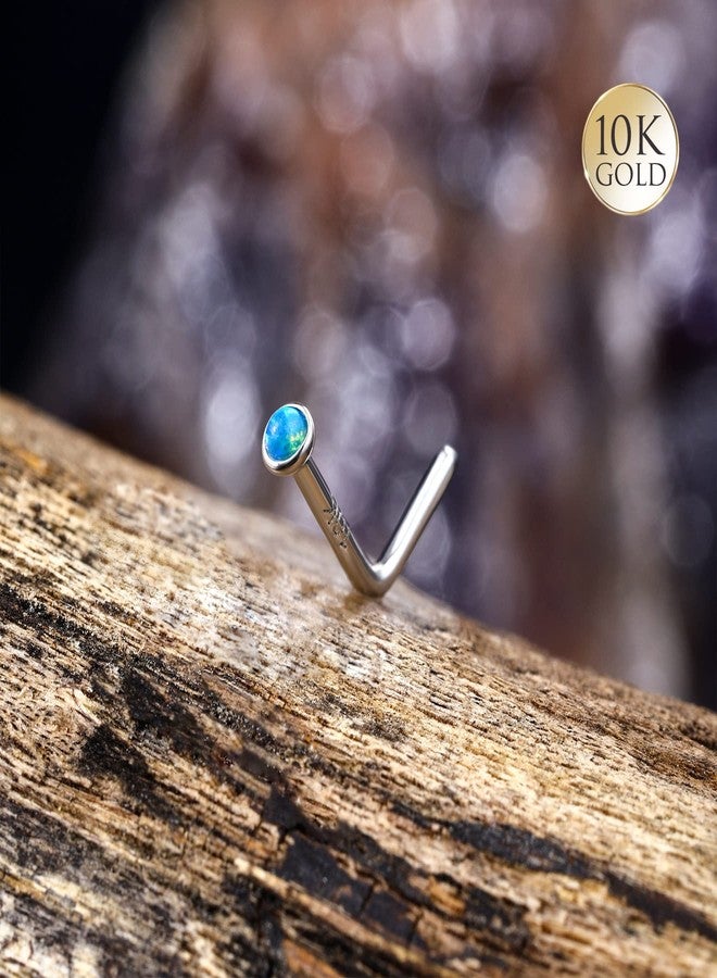 COCHARM 10k White Gold Nose Stud 20g Blue Opal L Bend Nose Piercing White Gold Nose Rings Stud for Women Man White Gold Nose Piercing 10k Hypoallergenic Nose Stud - Image 5