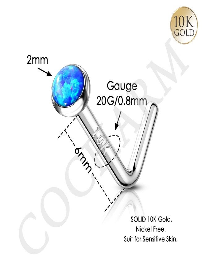 COCHARM 10k White Gold Nose Stud 20g Blue Opal L Bend Nose Piercing White Gold Nose Rings Stud for Women Man White Gold Nose Piercing 10k Hypoallergenic Nose Stud - Image 2