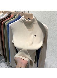 Generic Womens Double-sided Velvet Love Embroidery Half-high Collar Thermal Long Sleeve Top Trendy Autumn Winter Fleece-lined Inner Wear Apricot  - Image 1