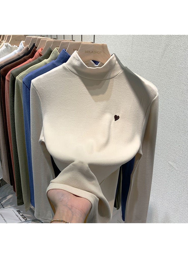 Generic - Womens Double-sided Velvet Love Embroidery Half-high Collar Thermal Long Sleeve Top Trendy Autumn Winter Fleece-lined Inner Wear Apricot - Image 1