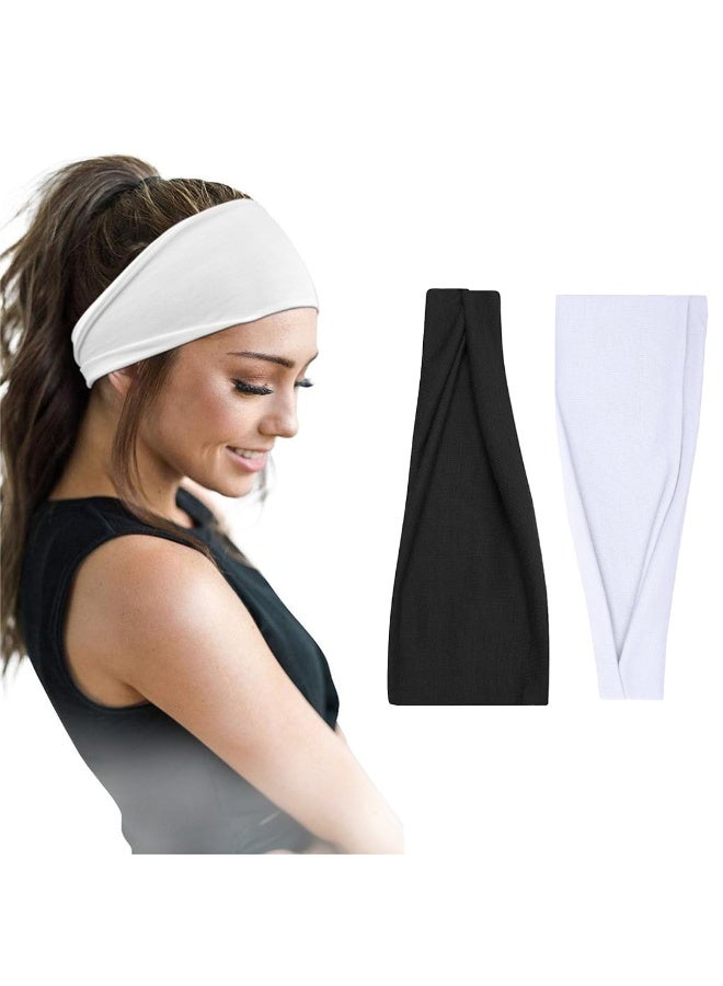 عصابات رأس عصرية للنساء 2 بندانة أسود وأبيض ، عصابة رأس عريضة لممارسة اليوجا والتمارين الرياضية - Image 1