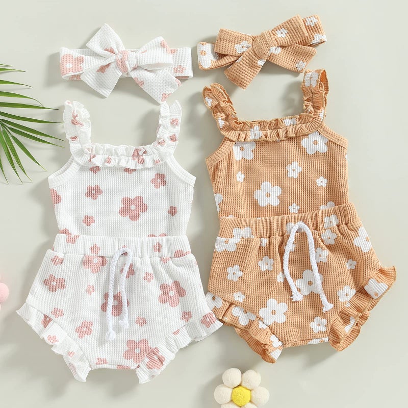 Lucikamy Newborn Baby Girl Clothes Floral Sleeveless Romper Bodysuit + Ruffle Bloomers Shorts Infant Summer Outfits Set (White 2, 3-6 Months) - Image 4