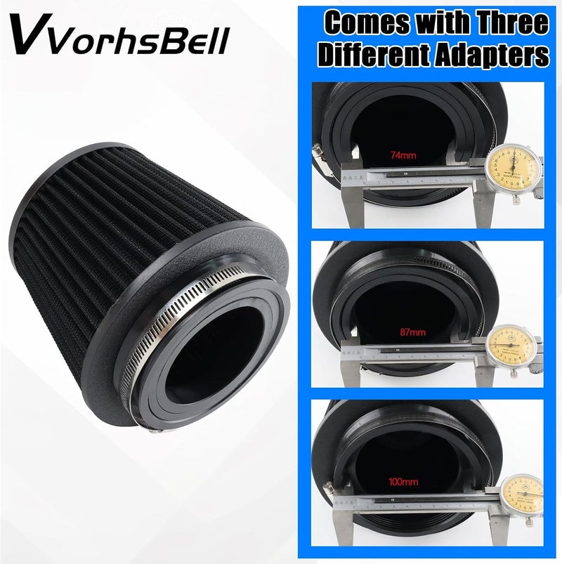 VVORHSBELL فلتر هواء بارد عالمي، ثلاثة أحجام مختلفة 76 مم/3 بوصة، 89 مم/3.5 بوصة، 102 مم/4 بوصة، فلتر هواء مخروطي مدبب عالي التدفق مع مشبك تثبيت، متوافق مع السيارات والدراجات النارية. تصميم أنيق عملي - Image 3