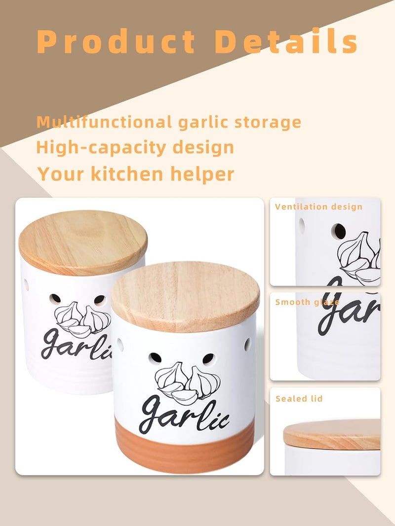 GDCZ Large Garlic Keeper with Wood Lid, Ceramic Garlic Container for Counter,Garlic Saver to Keep Your Garlic Cloves Fresh Longer, 31 oz White/Brown - Image 5