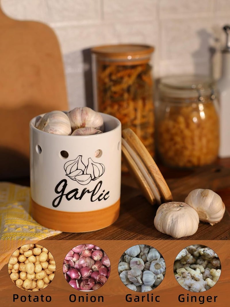 GDCZ Large Garlic Keeper with Wood Lid, Ceramic Garlic Container for Counter,Garlic Saver to Keep Your Garlic Cloves Fresh Longer, 31 oz White/Brown - Image 4
