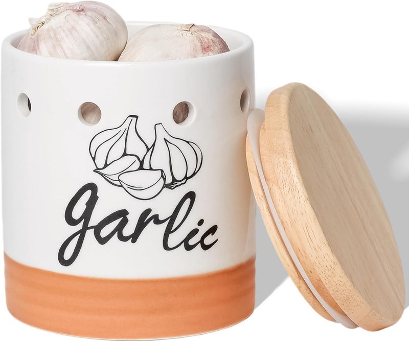 GDCZ Large Garlic Keeper with Wood Lid, Ceramic Garlic Container for Counter,Garlic Saver to Keep Your Garlic Cloves Fresh Longer, 31 oz White/Brown - Image 1