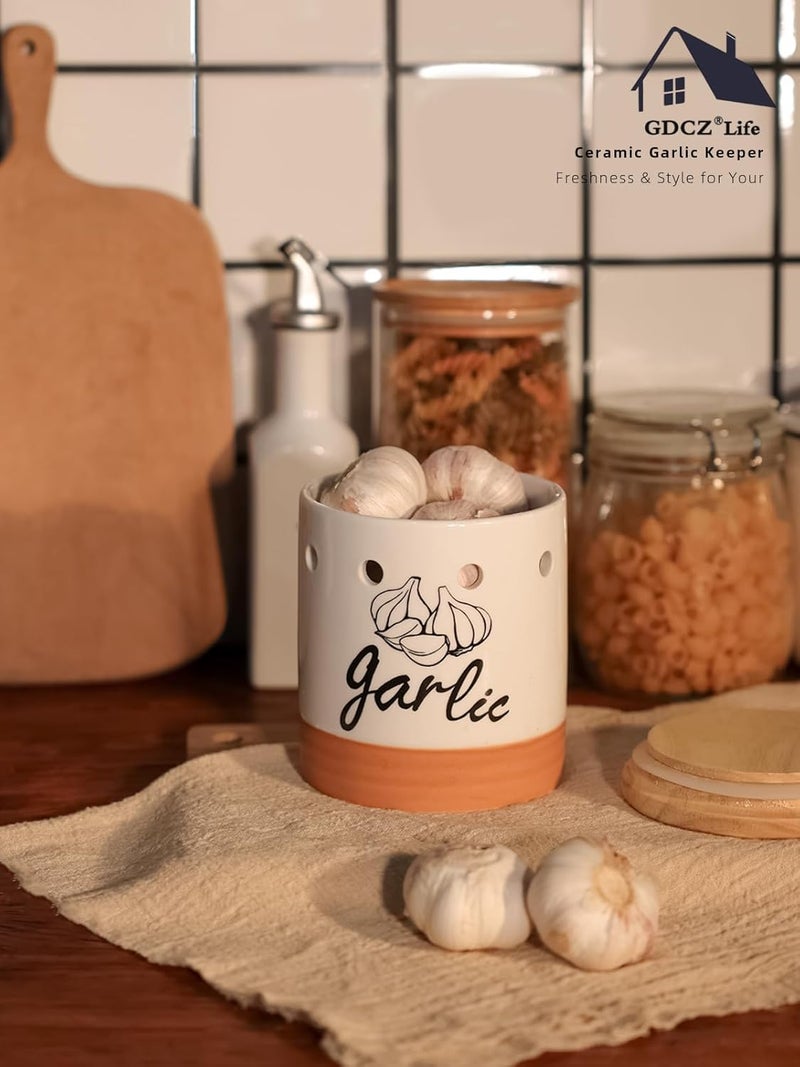 GDCZ Large Garlic Keeper with Wood Lid, Ceramic Garlic Container for Counter,Garlic Saver to Keep Your Garlic Cloves Fresh Longer, 31 oz White/Brown - Image 3