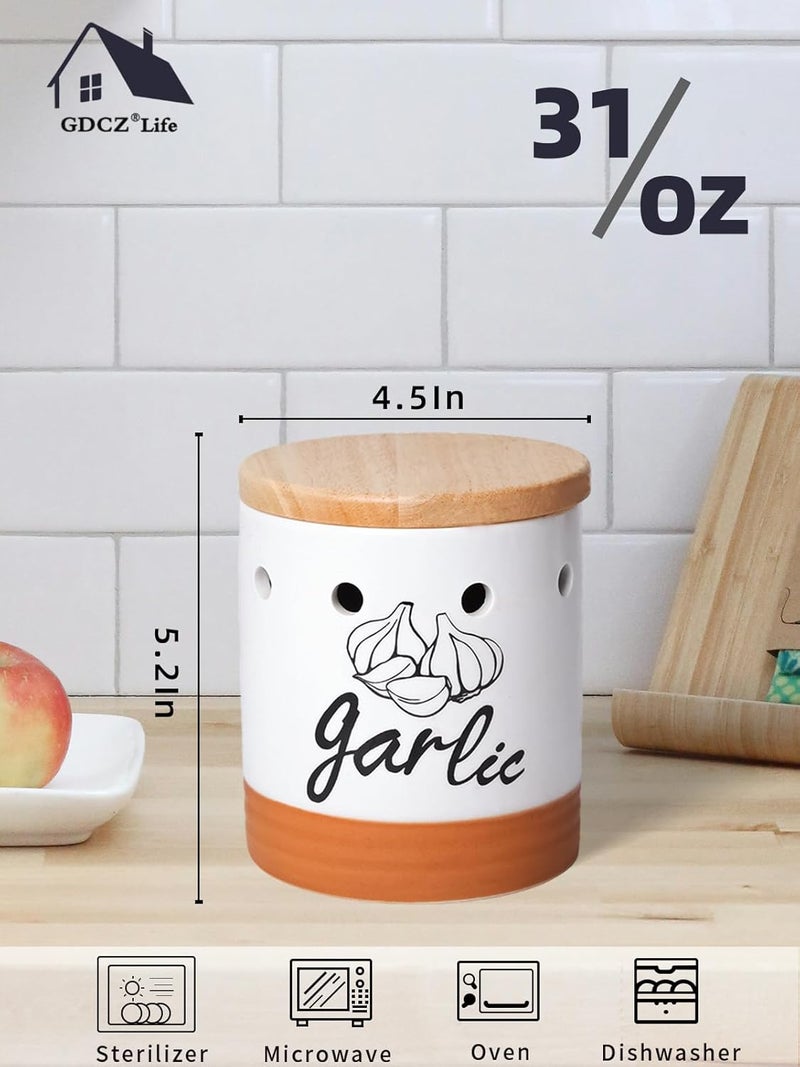 GDCZ Large Garlic Keeper with Wood Lid, Ceramic Garlic Container for Counter,Garlic Saver to Keep Your Garlic Cloves Fresh Longer, 31 oz White/Brown - Image 2