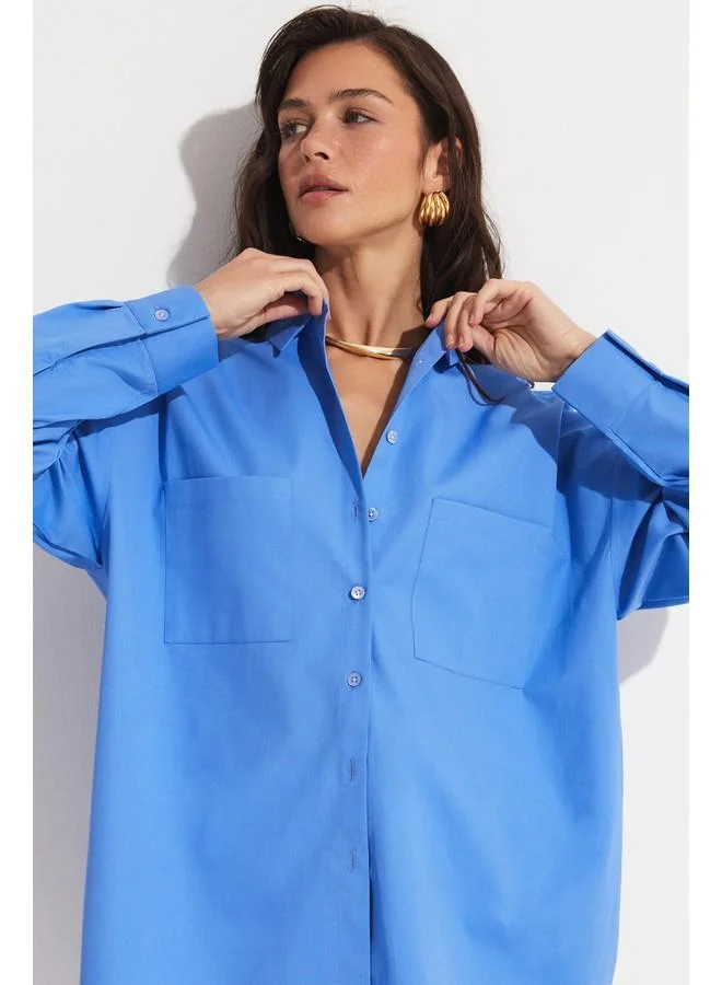 JUNE June Blue Cotton Pocket Detailed Shirt Blue