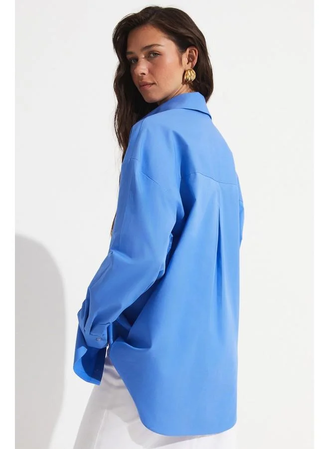 JUNE June Blue Cotton Pocket Detailed Shirt Blue