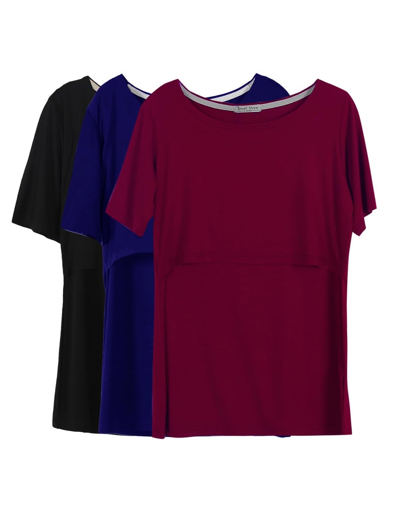 Smallshow 3 Pcs Maternity Nursing T-Shirt Nursing Tops,Navy-Black-Burgundy,Large - Image 1