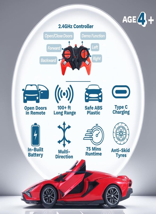 Popsugar Door Opening Remote Control Car|Rechargeable 1200mAh Lithium Battery|C-Type Charging|75-Min Runtime|2.4G Long Range Remote (100+ ft)|HighSpeed RC Car|Gift for Kids|Made in India (Red) - Image 2