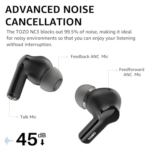 TOZO NC3 Hybrid Active Noise Cancelling Wireless Earbuds with 6 Mics AI Clear Call Ear Buds 55H Playtime with LED Display 32 Preset EQs via APP Bluetooth 5.3 IPX8 Waterproof in Ear Headphones - Image 4
